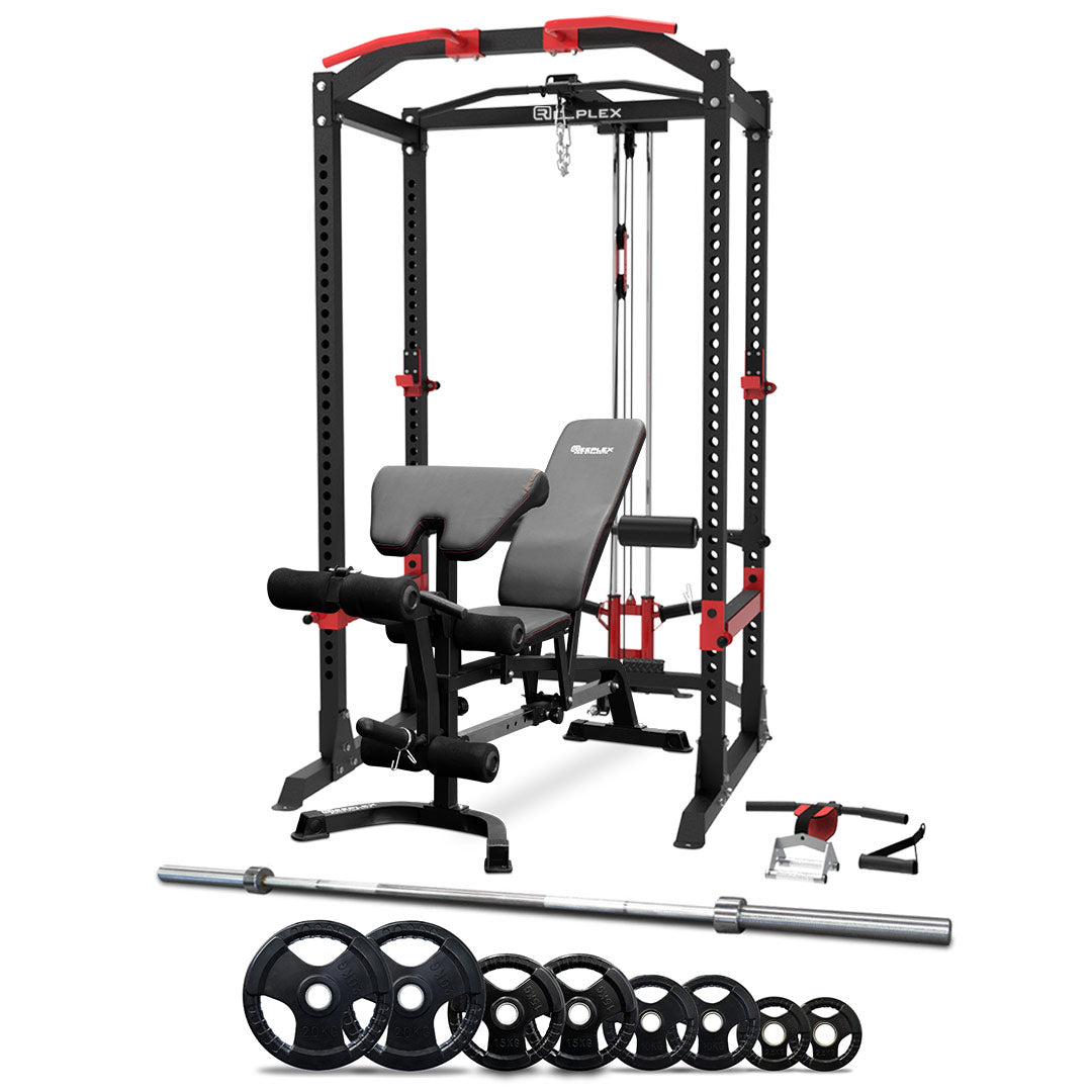 Reeplex Power Cage with Lat Pulldown + Bench + 120kg Olympic Weight Set