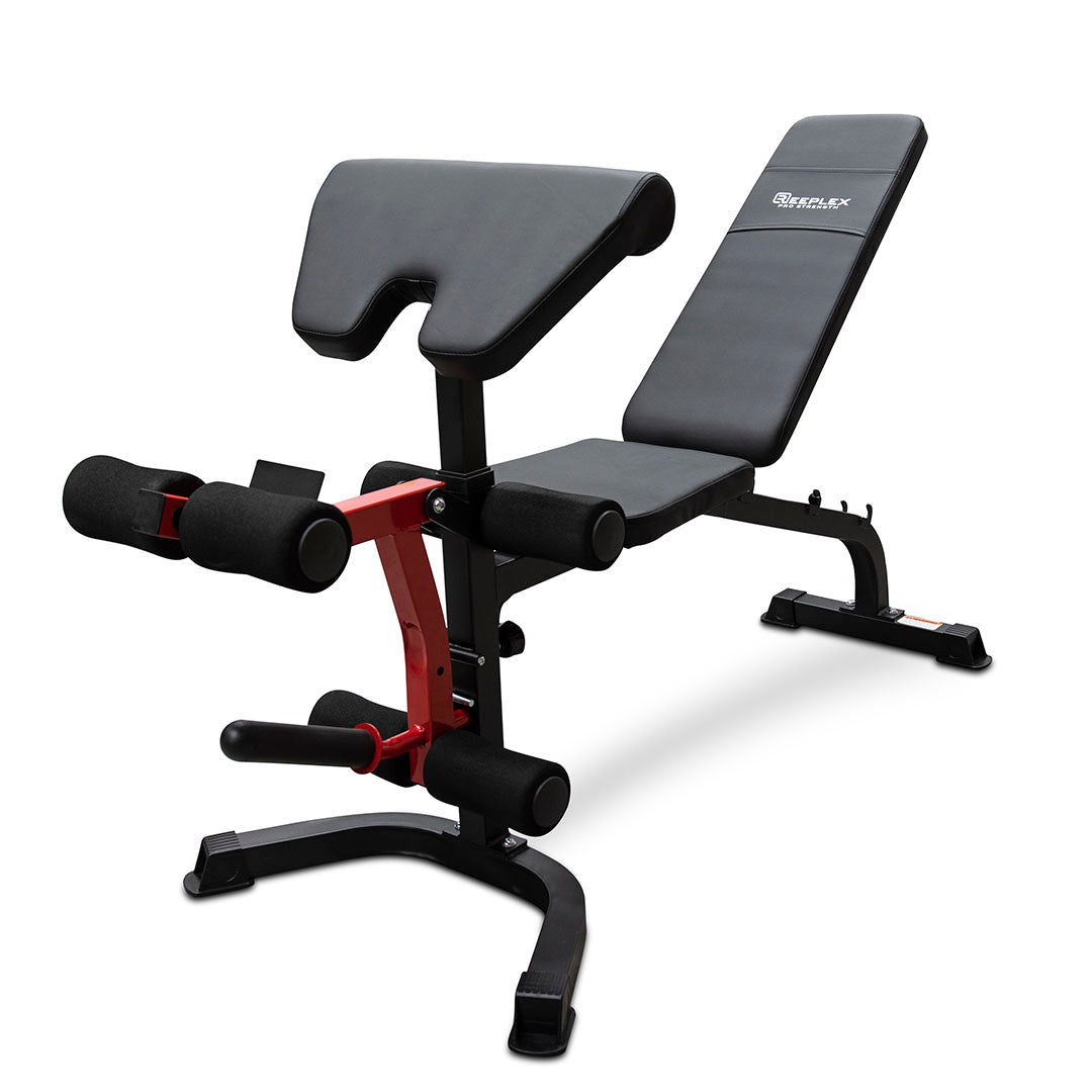 Reeplex Squat Rack Lat Pulldown + Adjustable Bench + 120kg Black Bumper Weight Set