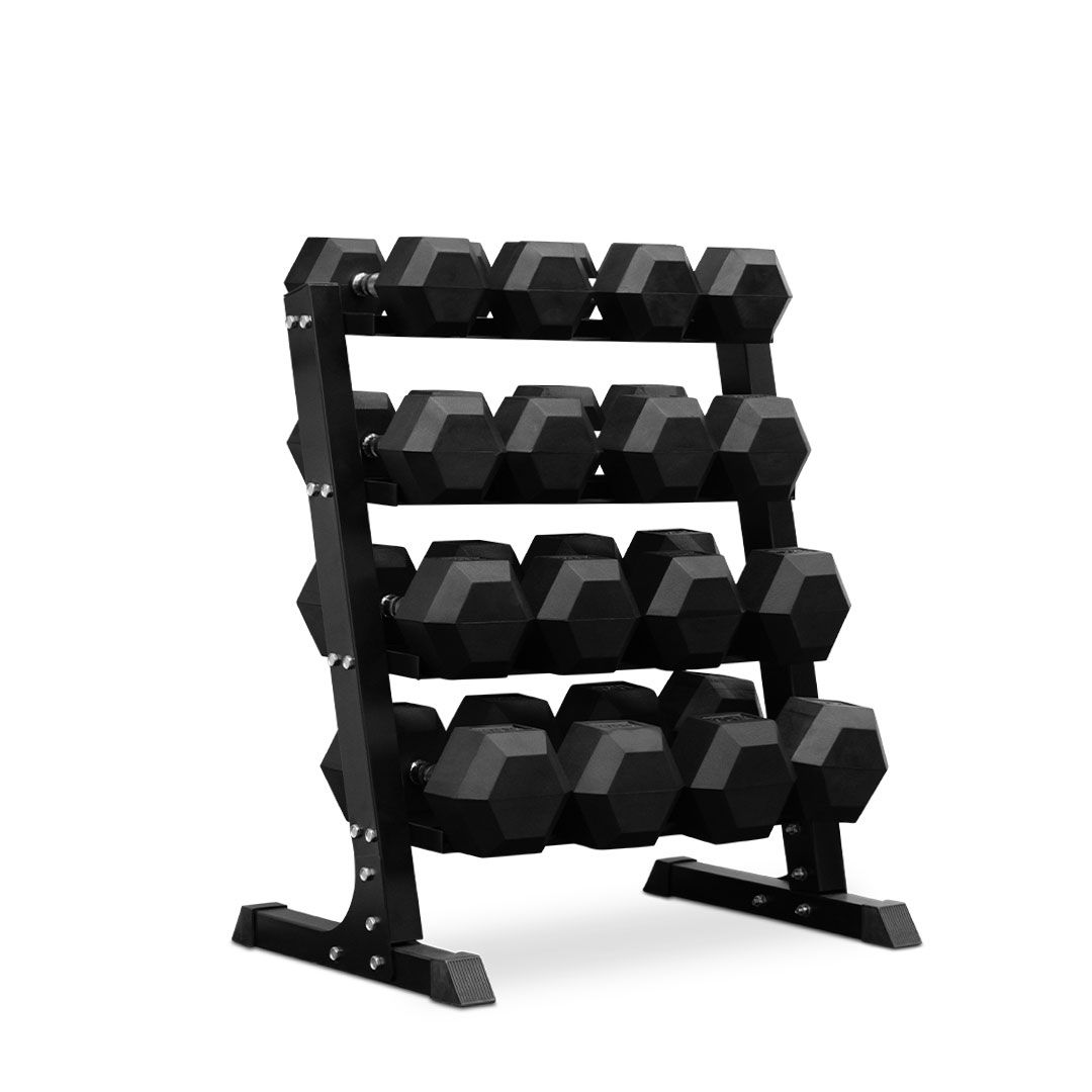 Image of a dumbbell set with a 4 tier rack