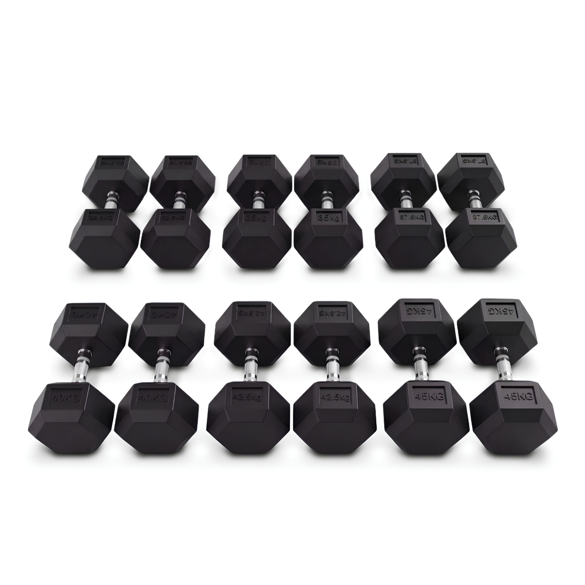32.5kg - 45kg Rubber Hex Dumbbell Set