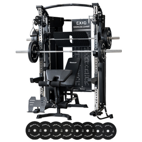 Reeplex CX10 Multi Station Gym + Adjustable Bench + 100kg Black Bumper Plates + Barbell + Leg Press