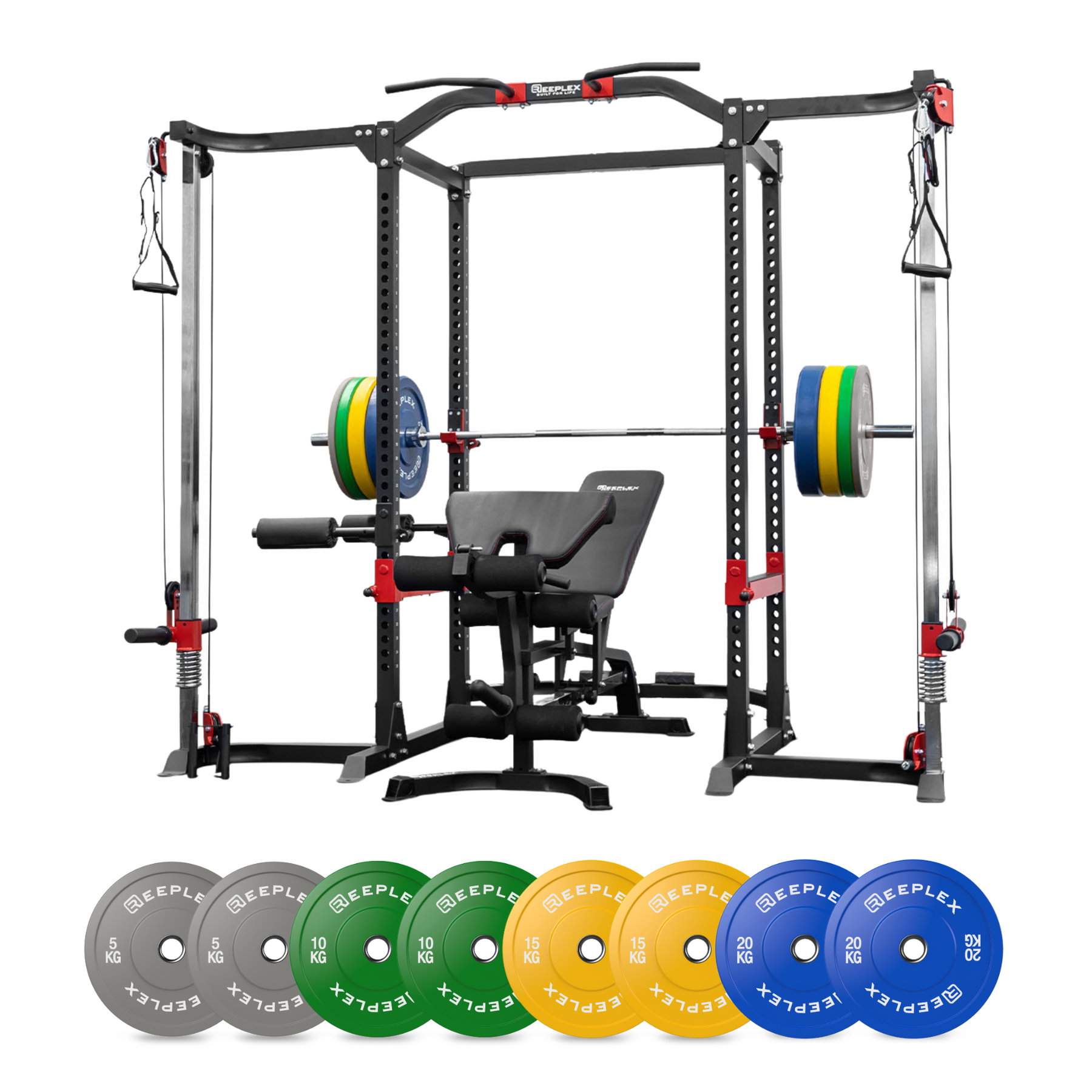 Reeplex Power Cage with Cable Crossover + Bench + 120kg Coloured Bumper Set