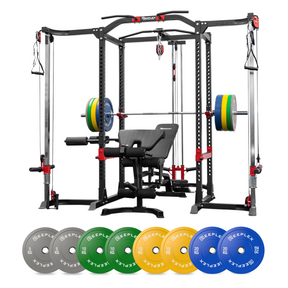 Reeplex Power Rack with Cable Crossover and Lat Pulldown + Bench + 120kg Coloured Bumper Set
