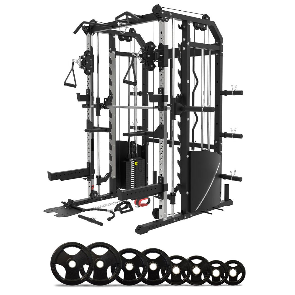 MF20 Multi-Functional Trainer with Smith Machine Squat Rack + Adjustable Bench + 120kg Olympic Barbell Set Package