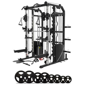 MF20 Multi-Functional Trainer with Smith Machine Squat Rack + Adjustable Bench + 120kg Olympic Barbell Set Package