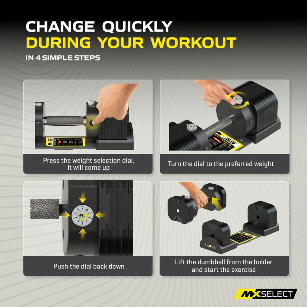 Adjustable Dumbbell Set 4.9kg - 25.3kg Pair MX100 with Stand