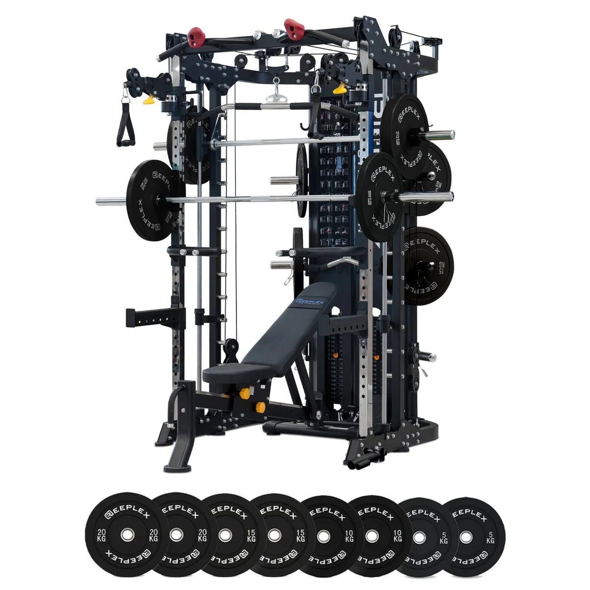 Reeplex CBT-PRO90 Multi-Functional Trainer + Adjustable Bench + 100kg Black Bumper Plates + 7ft Barbell
