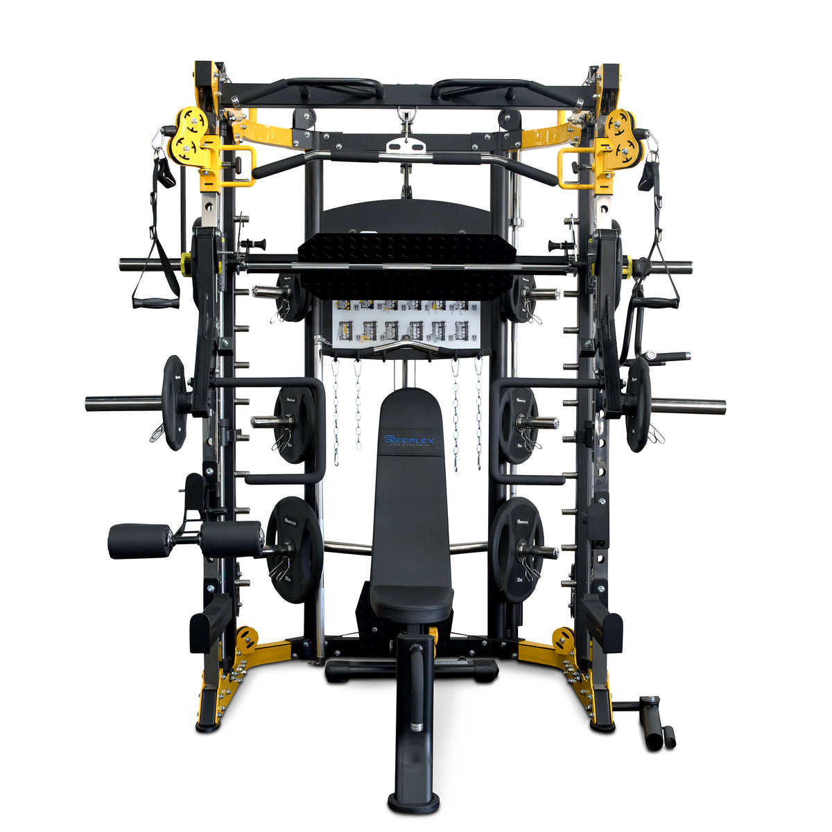 Reeplex CBT-PL Multi Station Gym + Fid Bench + Jammer Arms + Leg Press + 100kg PVC Weight Plates + Olympic Barbell