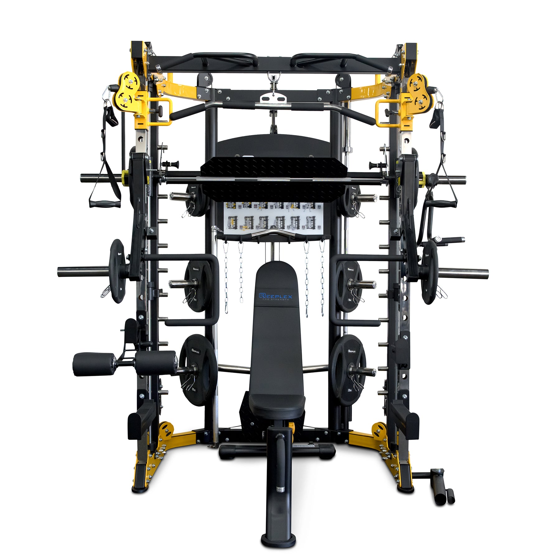 Reeplex CBT-PL Multi Station Gym + Fid Bench + Jammer Arms + Leg Press + 100kg PVC Weight Plates + Olympic Barbell