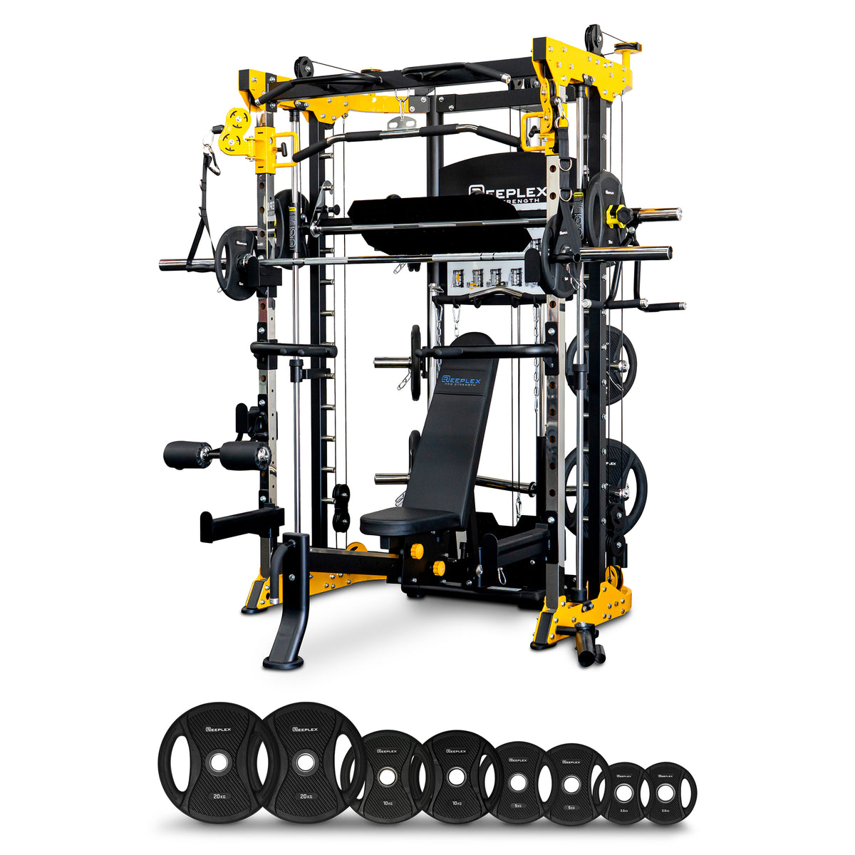 Reeplex CBT-PL Multi Station Gym + Fid Bench + Leg Press + 100kg PVC Weight Plates + Olympic Barbell