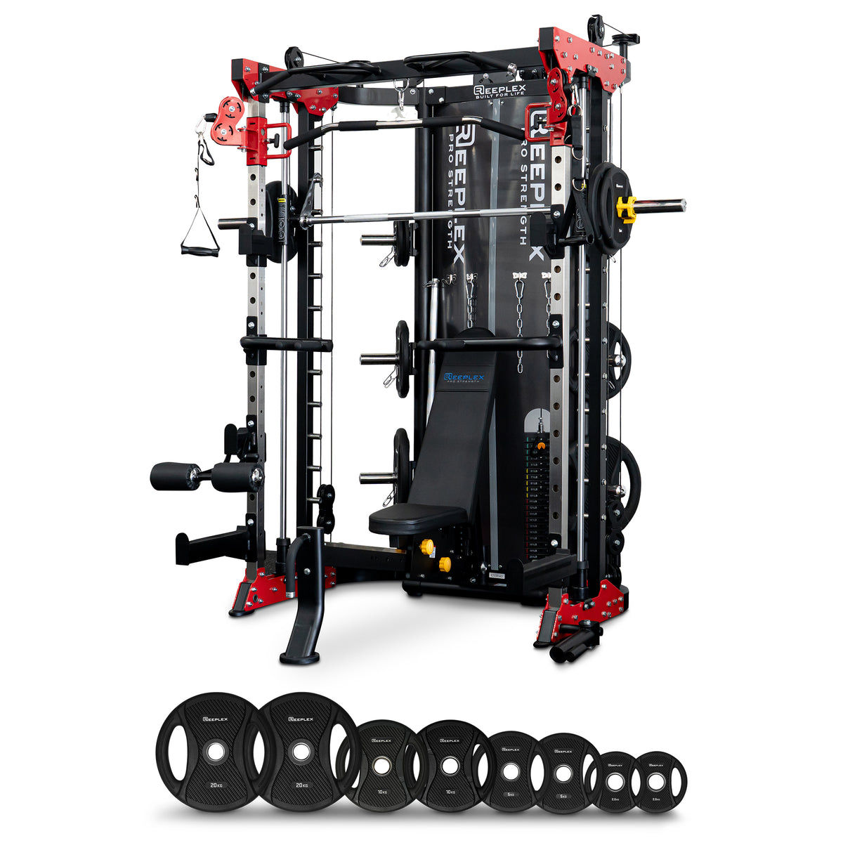 Reeplex CBT-PN Multi Station Gym + FID Bench + 100kg Olympic PVC Weight Plates
