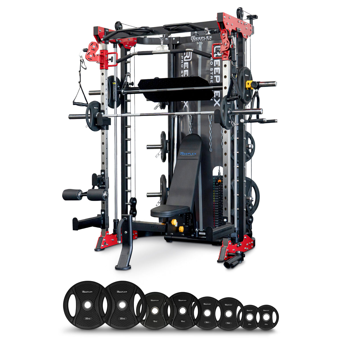 Reeplex CBT-PN + FID Bench + 100kg PVC Olympic Weights + Leg Press Attachment + 7ft Barbell