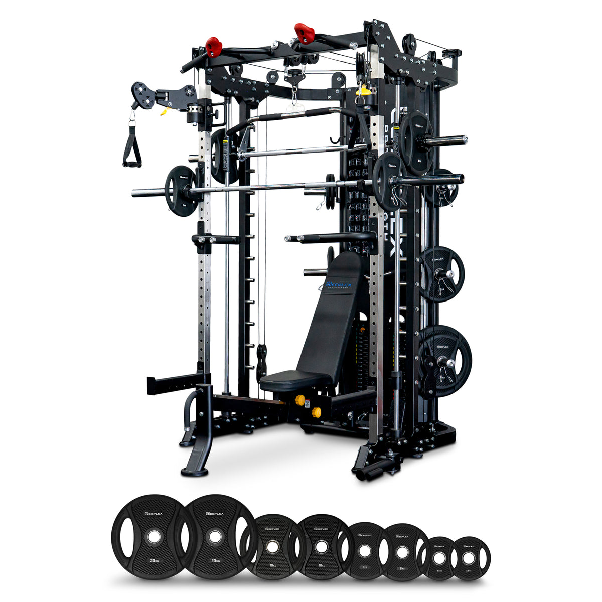 Reeplex CBT-PRO90 Multi-Functional Trainer + Adjustable Bench + 100kg PVC Olympic Weight Plates + 7ft Barbell