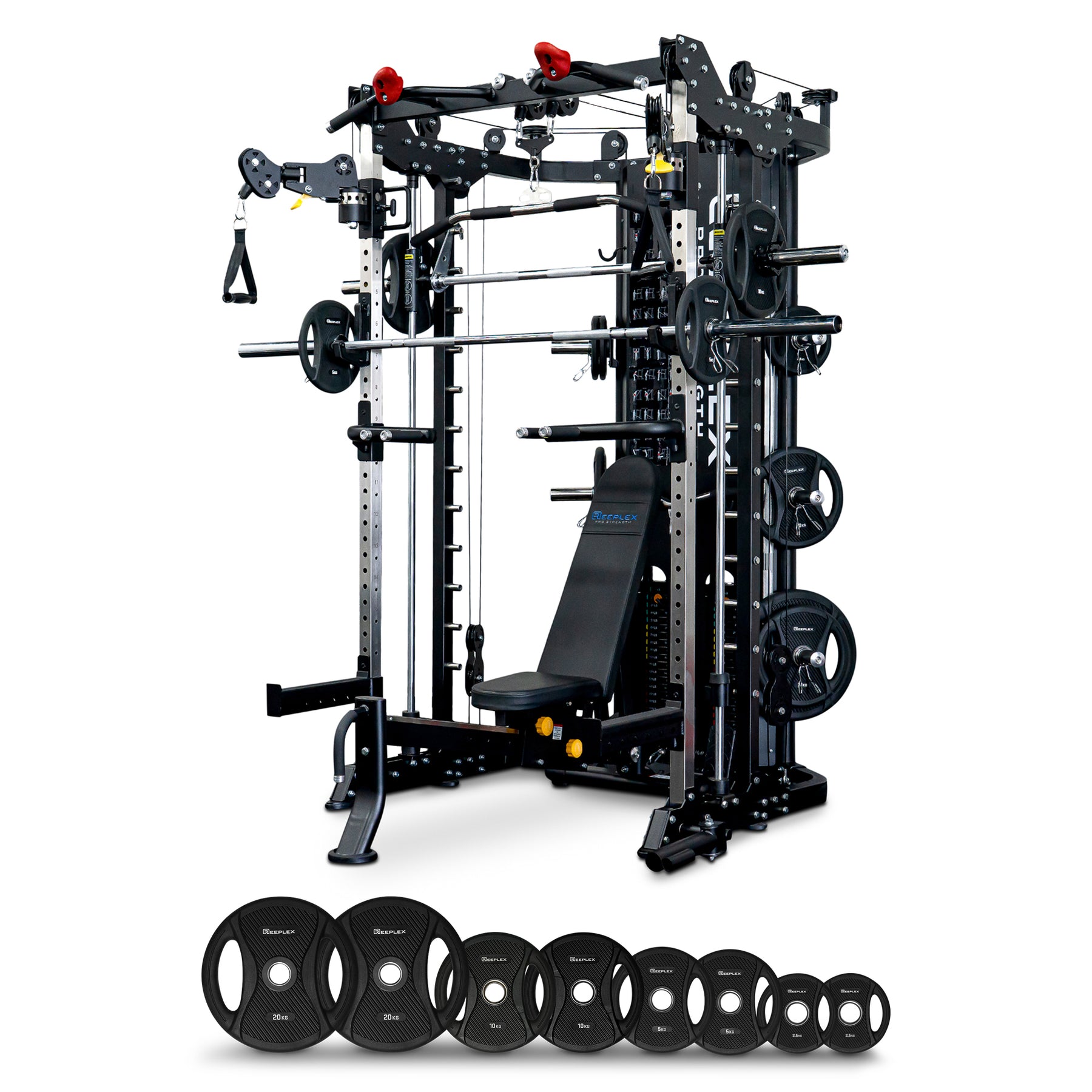 Reeplex CBT-PRO90 Multi-Functional Trainer + Adjustable Bench + 100kg PVC Olympic Weight Plates + 7ft Barbell