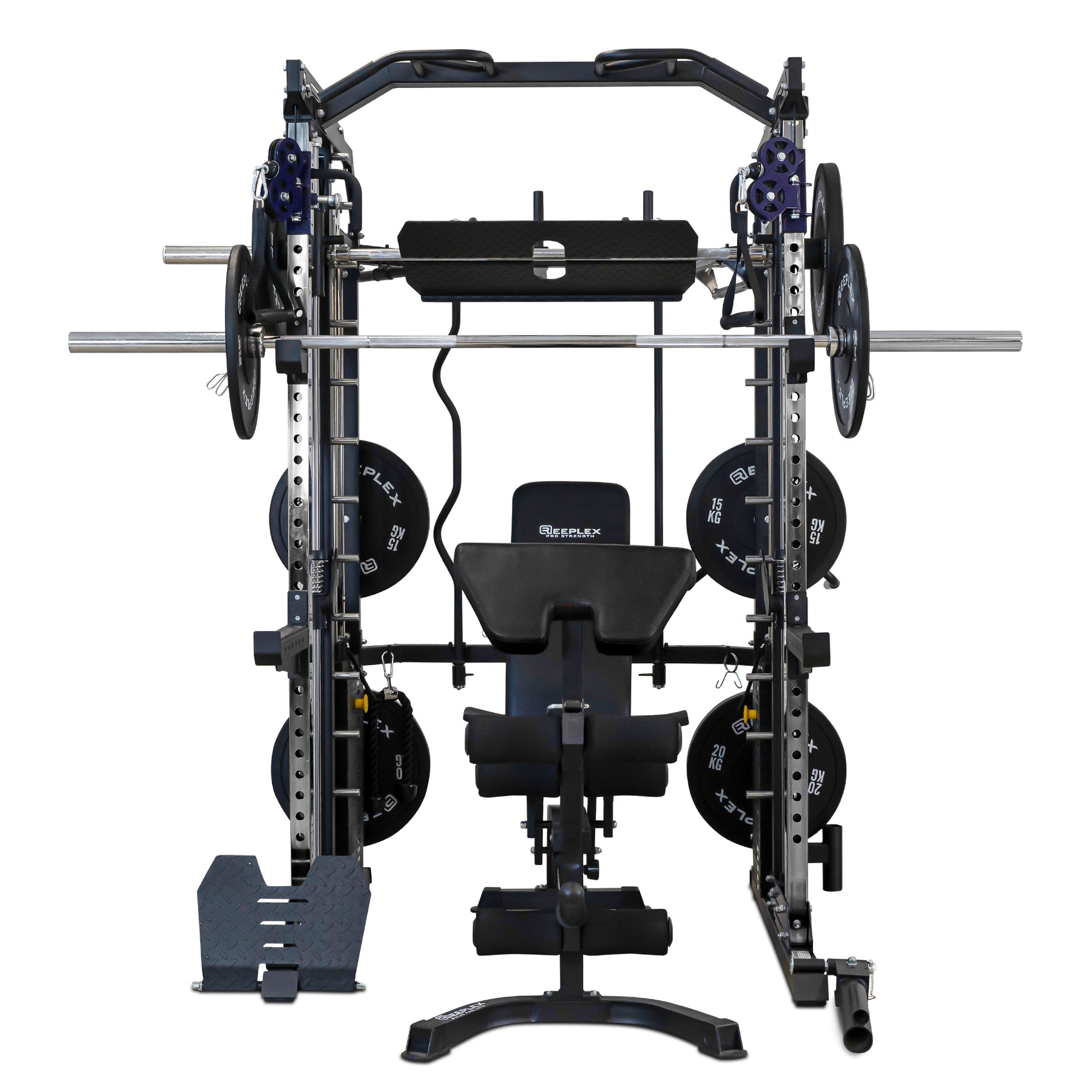 Reeplex CX3 Multi-station Gym + Adjustable Bench + 100kg Black Bumper Plates + Barbell + Leg Press + Jammer Arms