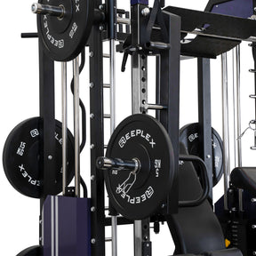 Reeplex CX3 Multi-station Gym + Adjustable Bench + 100kg Black Bumper Plates + Barbell + Leg Press + Jammer Arms