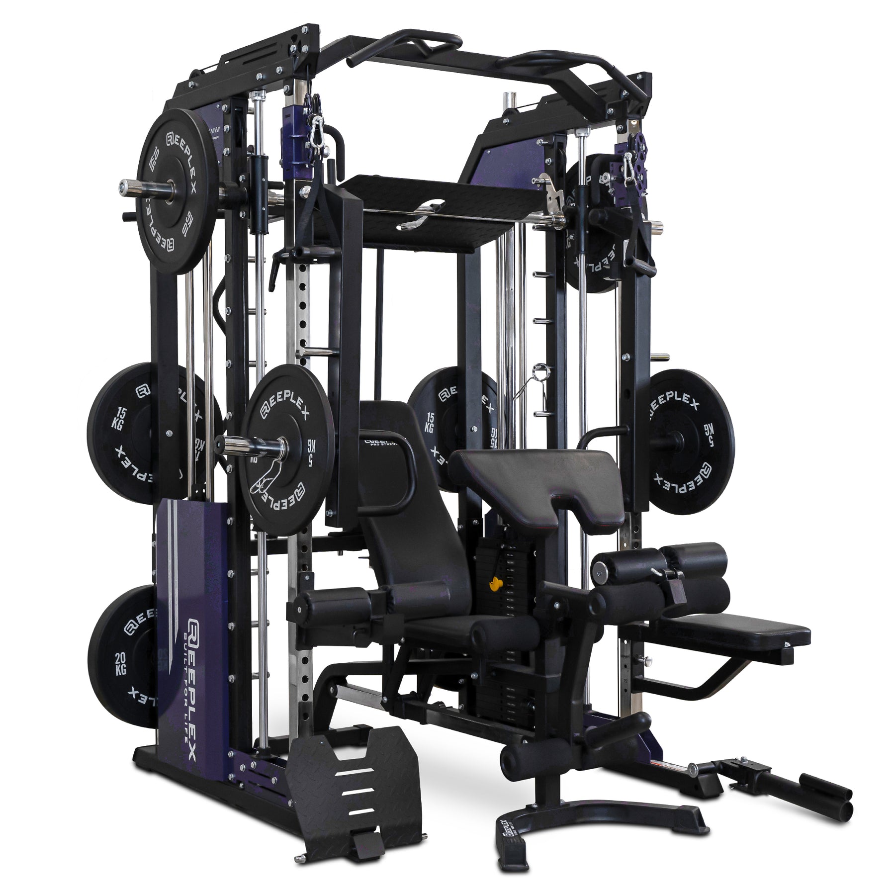 Reeplex CX3 Multi-station Gym + Adjustable Bench + 100kg Black Bumper Plates + Barbell + Leg Press + Jammer Arms