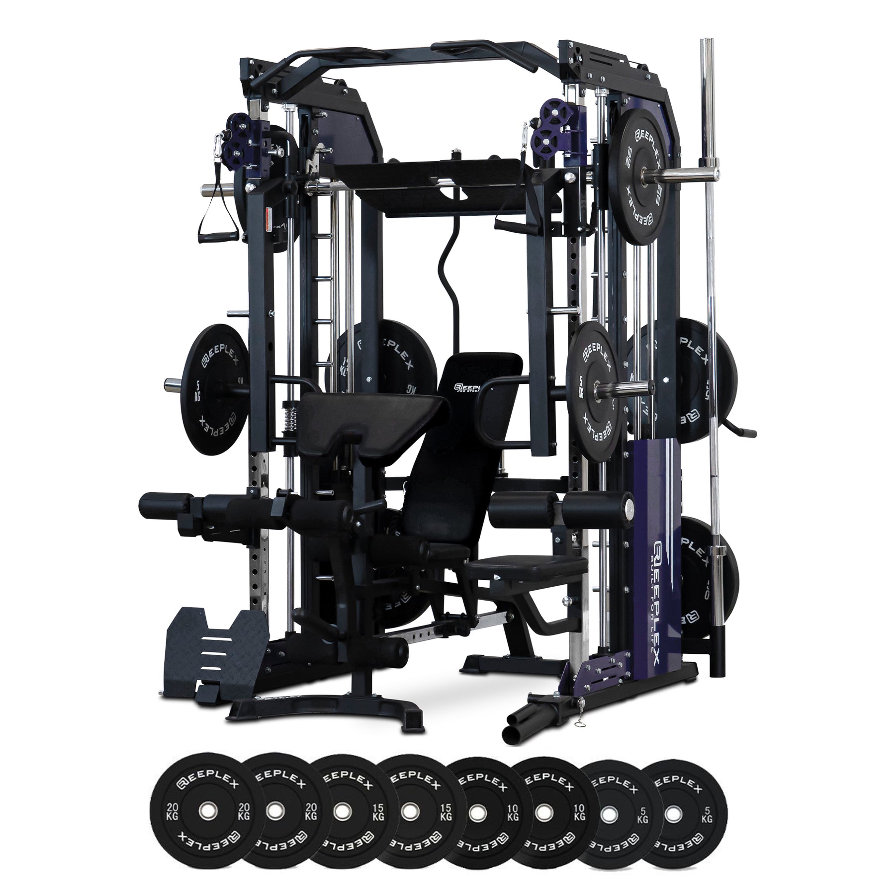 Reeplex CX3 Multi-station Gym + Adjustable Bench + 100kg Black Bumper Plates + Barbell + Leg Press + Jammer Arms