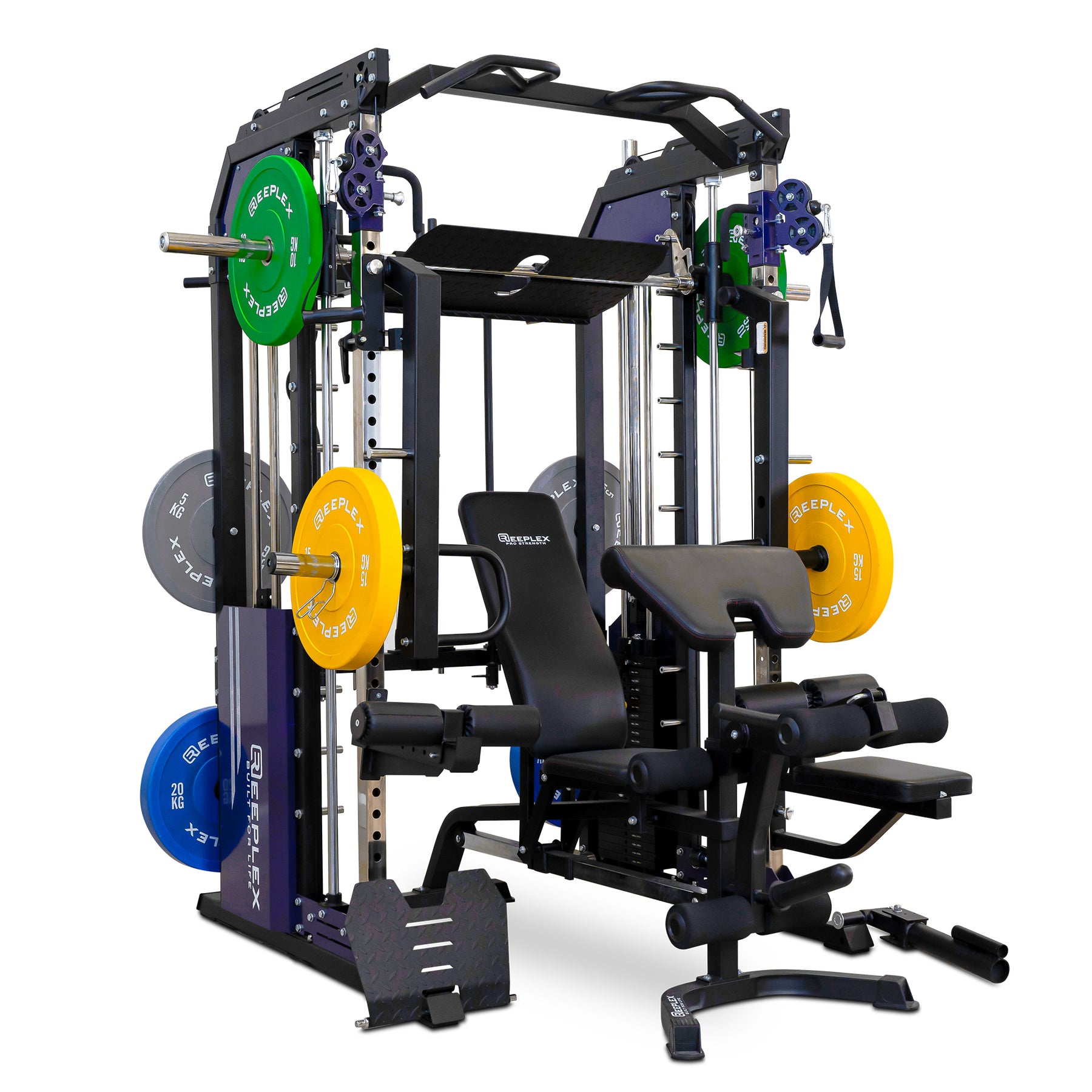 Reeplex CX3 Multi Gym + Adjustable Bench + 100kg Coloured Bumper Plates + Barbell + Leg Press + Jammer Arms