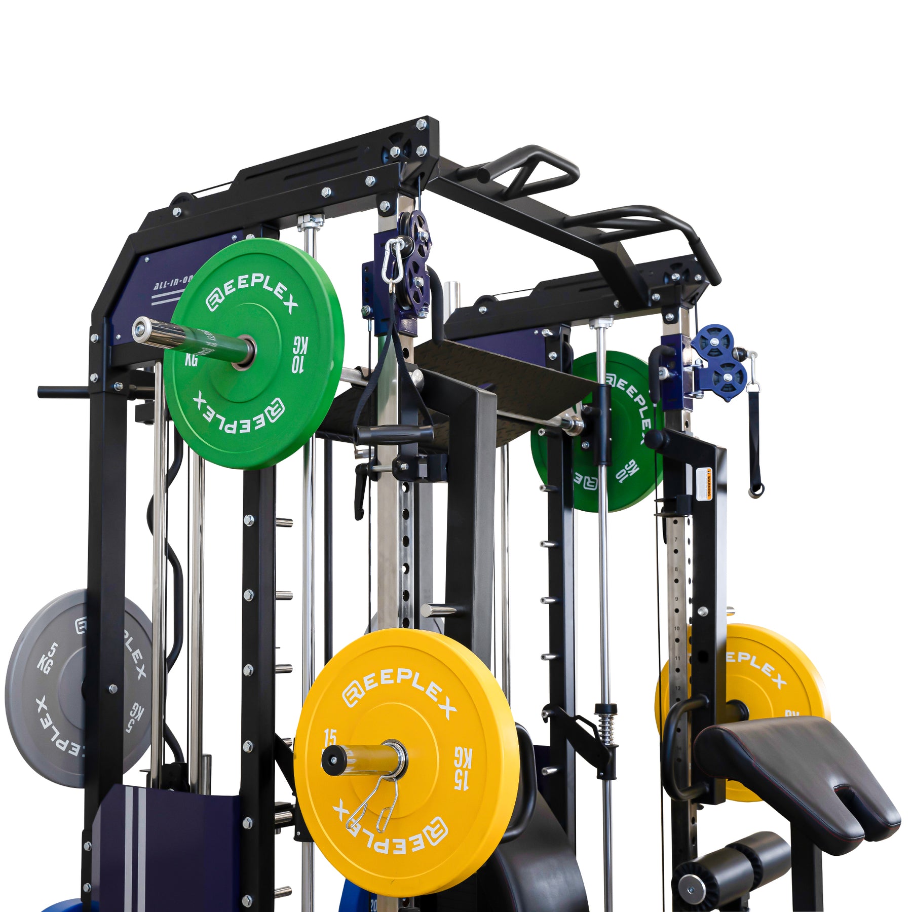 Reeplex CX3 Multi Gym + Adjustable Bench + 100kg Coloured Bumper Plates + Barbell + Leg Press + Jammer Arms