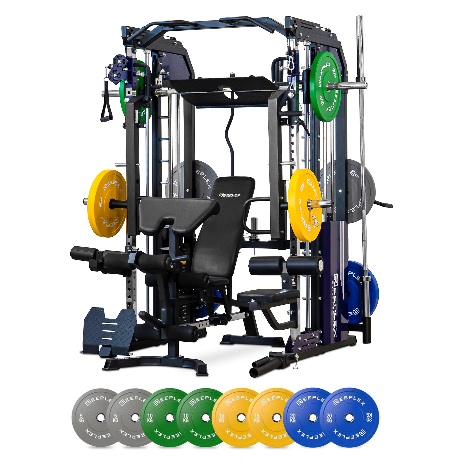 Reeplex CX3 Multi Gym + Adjustable Bench + 100kg Coloured Bumper Plates + Barbell + Leg Press + Jammer Arms