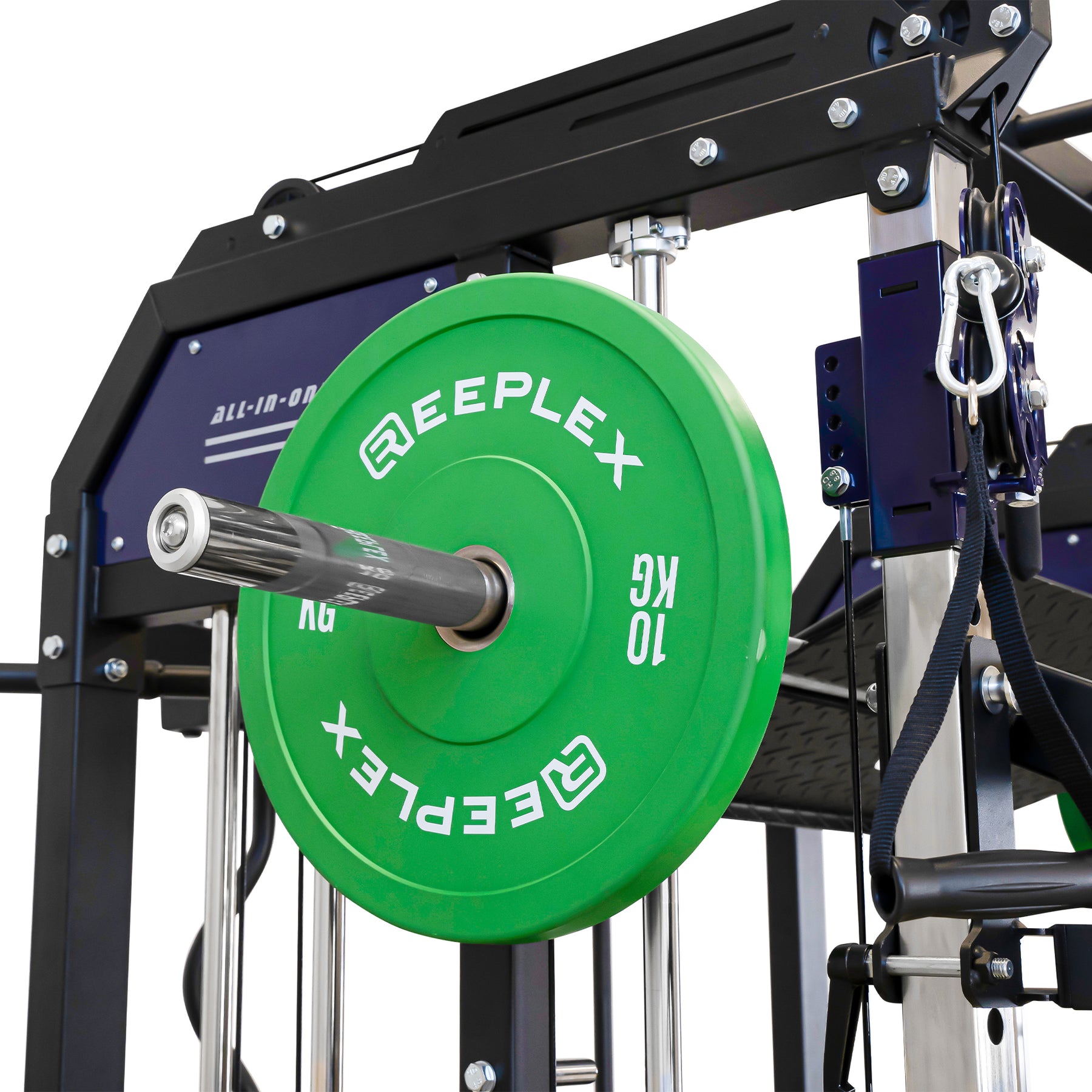 Reeplex CX3 Multi Gym + Adjustable Bench + 100kg Coloured Bumper Plates + Barbell + Leg Press + Jammer Arms