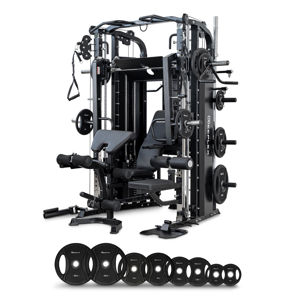 Reeplex CX4 Multi-Functional Trainer + FID Bench + 100kg PVC Weight Plates + 7ft Barbell + Jammer Arms + Leg Press