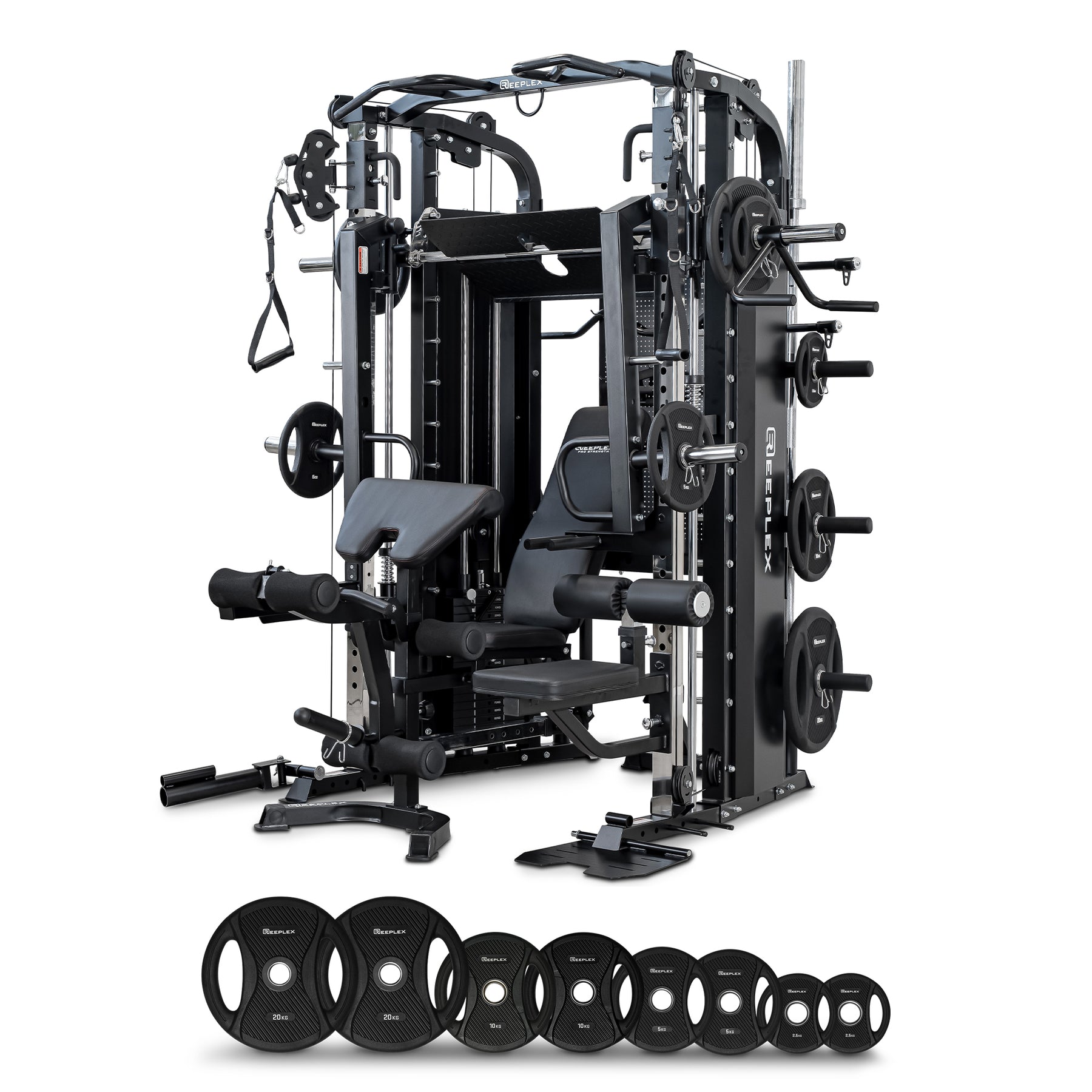 Reeplex CX4 Multi-Functional Trainer + FID Bench + 100kg PVC Weight Plates + 7ft Barbell + Jammer Arms + Leg Press