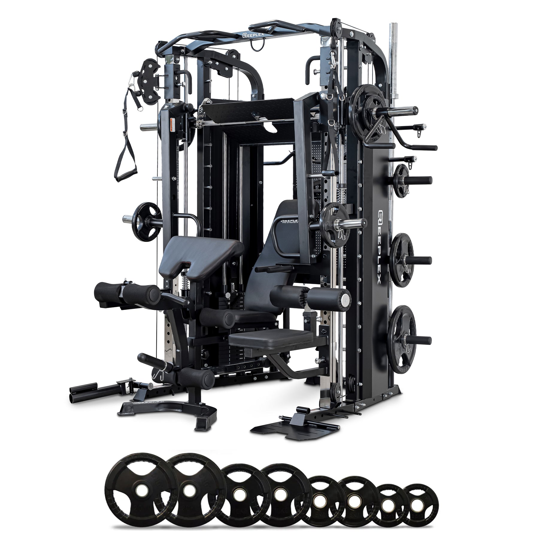 Reeplex CX4 Multi-Functional Trainer + FID Bench + 100kg Weight Plates + 7ft Barbell + Jammer Arms + Leg Press