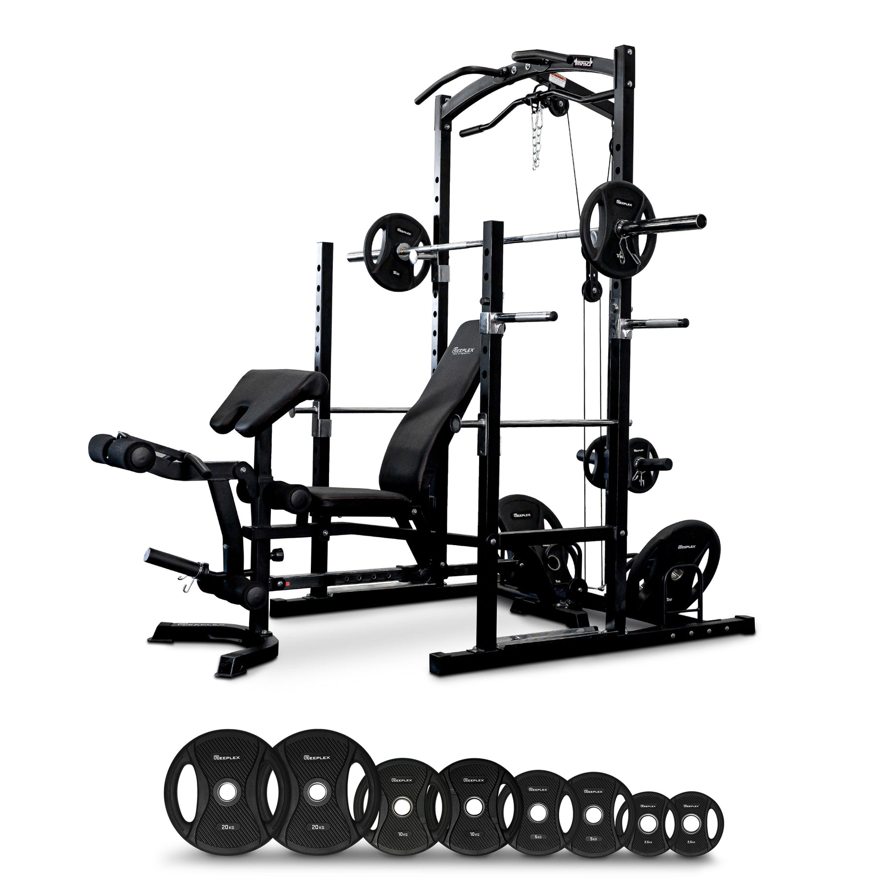 Squat Rack With Lat Pulldown + Adjustable Bench + Olympic Barbell Weight Set