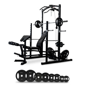Squat Rack With Lat Pulldown + Adjustable Bench + Olympic Barbell Weight Set