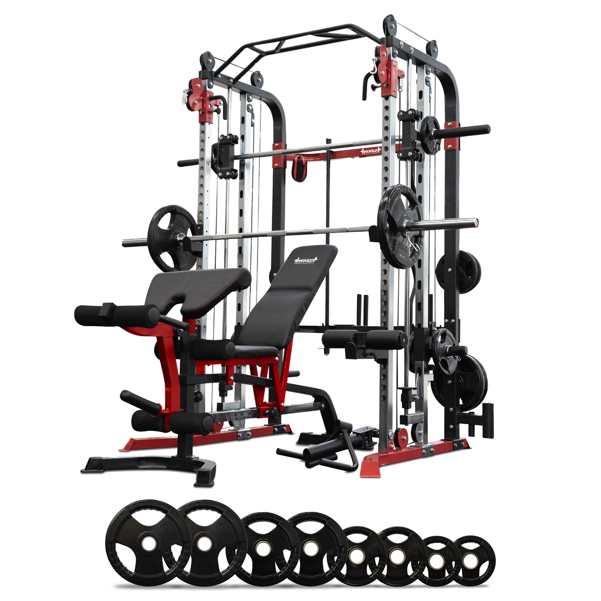 Impact Fitness MF5 Multi Trainer + Adjustable Bench + Olympic Weight Plates + Olympic Barbell