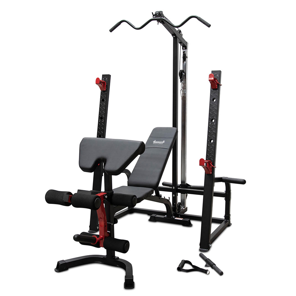 Impact Fitness Squat Rack Lat Pulldown + Adjustable Bench + 120kg Olympic Pro Coloured Bumper Weight Set