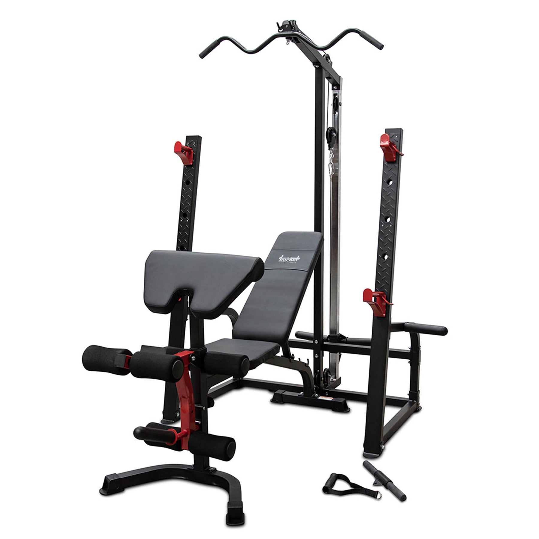 Impact Fitness Squat Rack Lat Pulldown + Adjustable Bench + 120kg Olympic Pro Bumper Weight Set