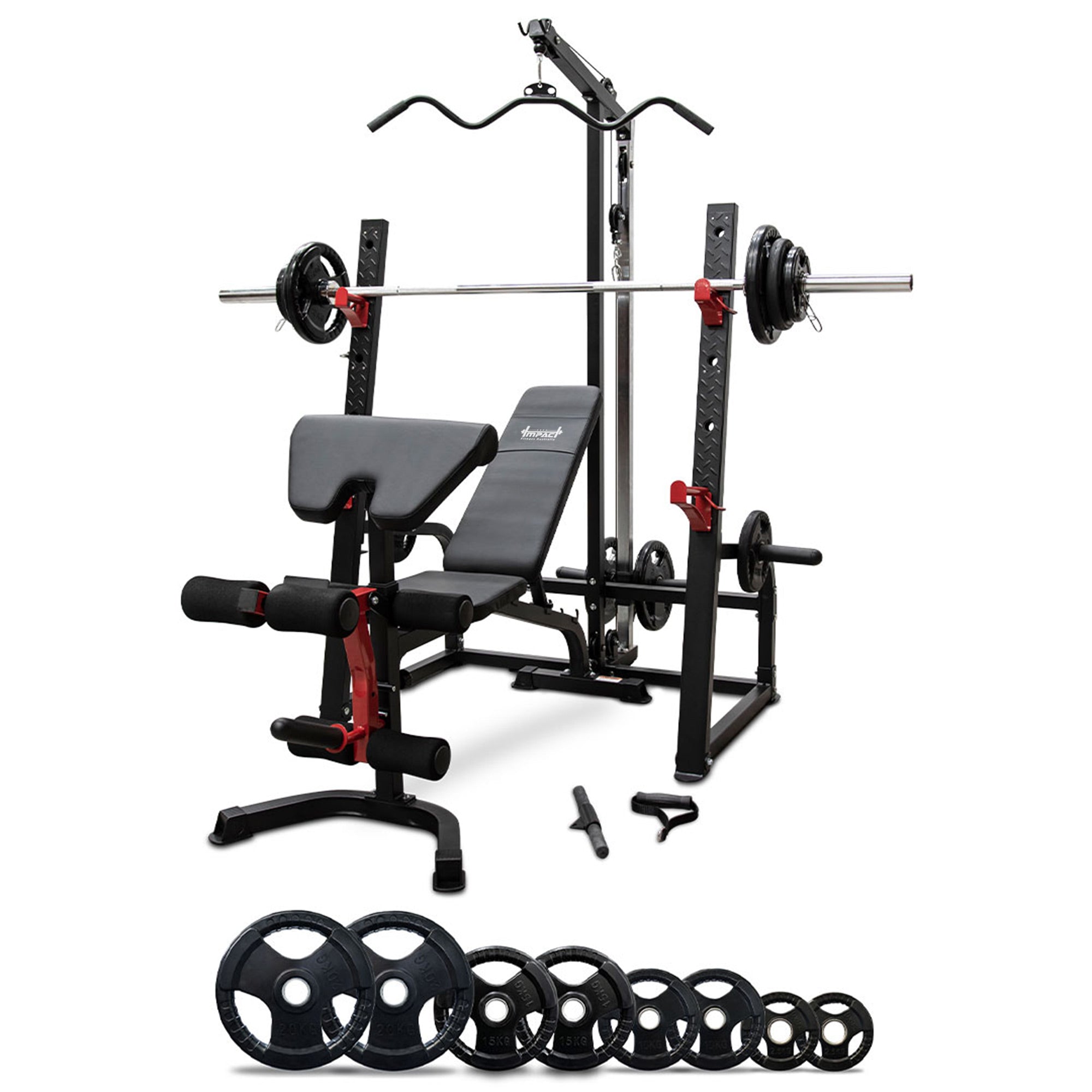 Weights bench with online lat pulldown