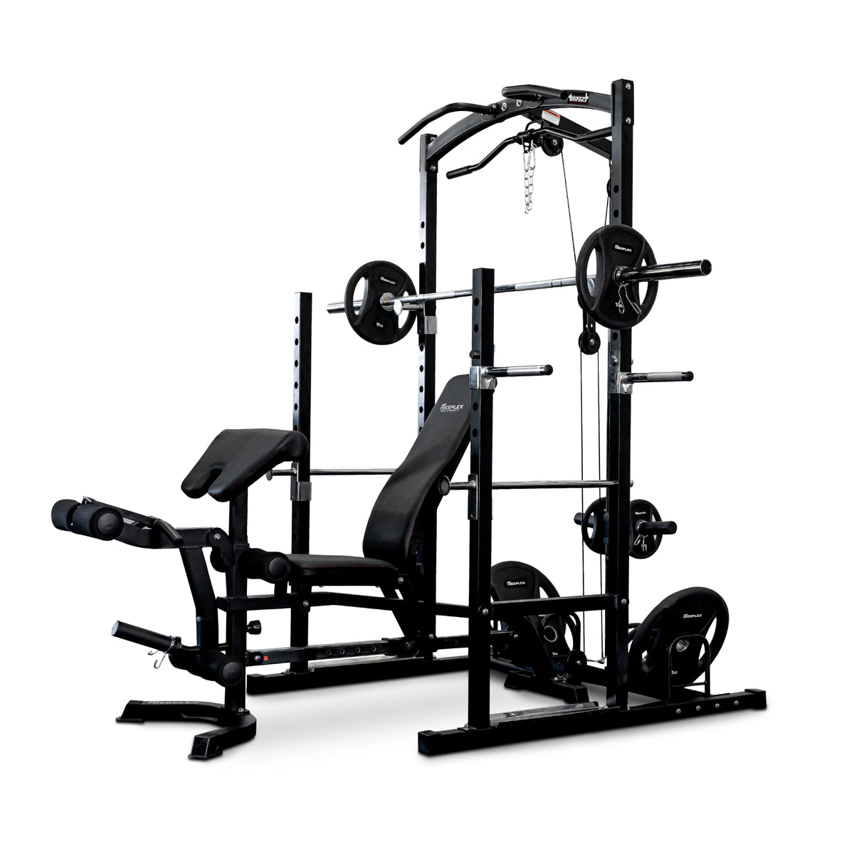 Squat Rack With Lat Pulldown + Adjustable Bench + Olympic Barbell Weight Set