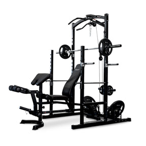 Squat Rack With Lat Pulldown + Adjustable Bench + Olympic Barbell Weight Set