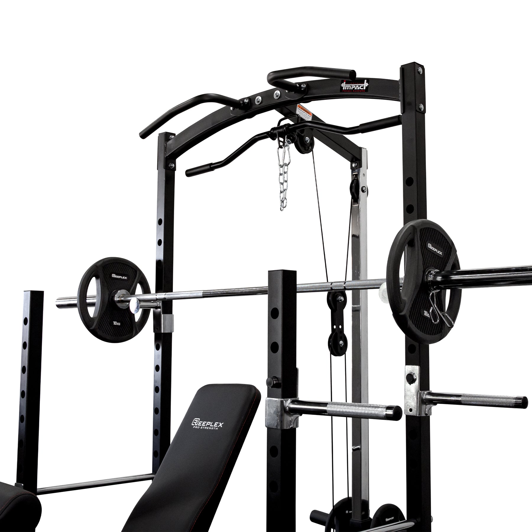 Squat Rack With Lat Pulldown + Adjustable Bench + Olympic Barbell Weight Set