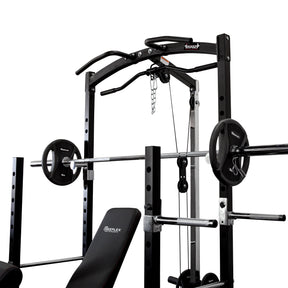 Squat Rack With Lat Pulldown + Adjustable Bench + Olympic Barbell Weight Set