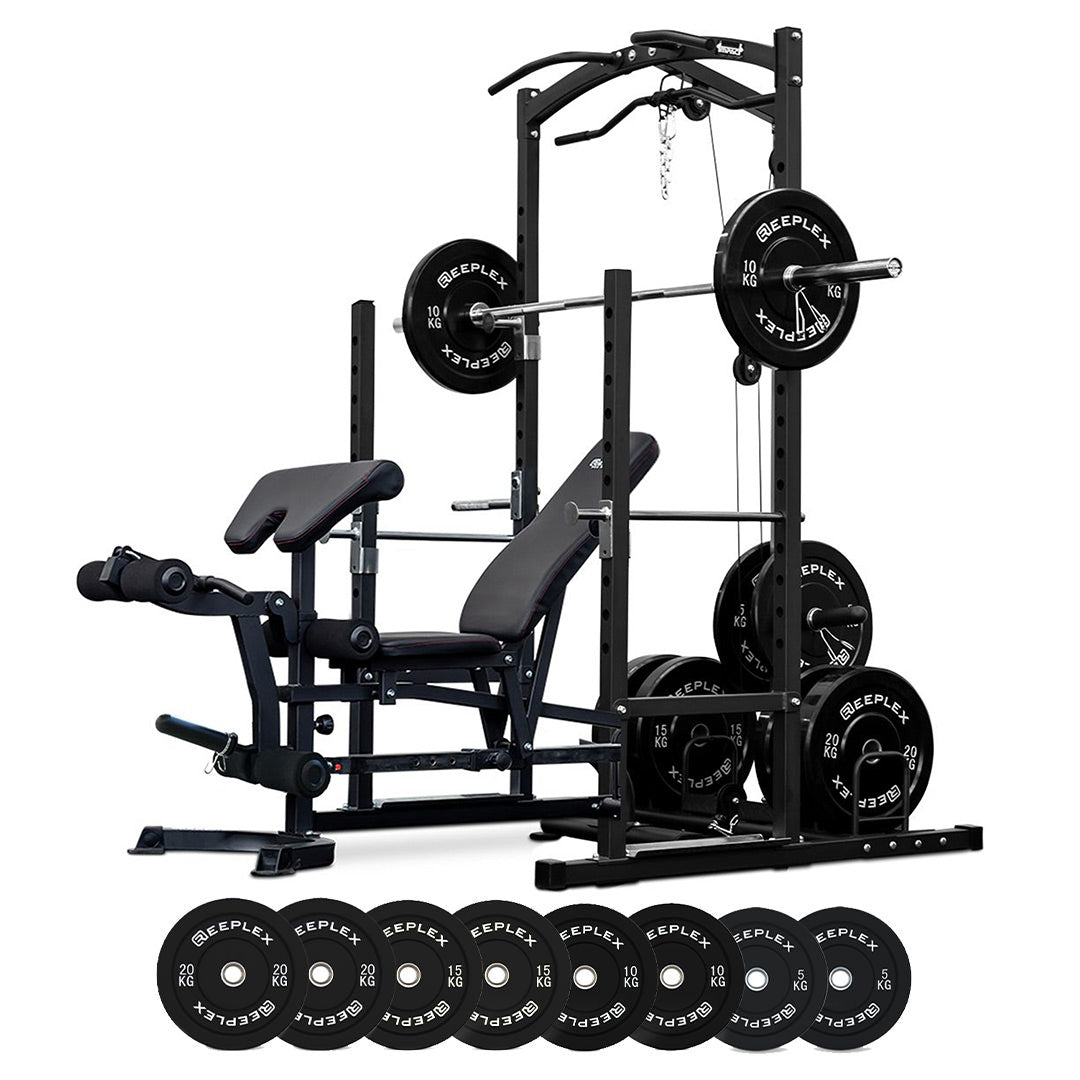 Squat Rack with Lat Pulldown + Adjustable Bench + 120kg Black Bumper Set