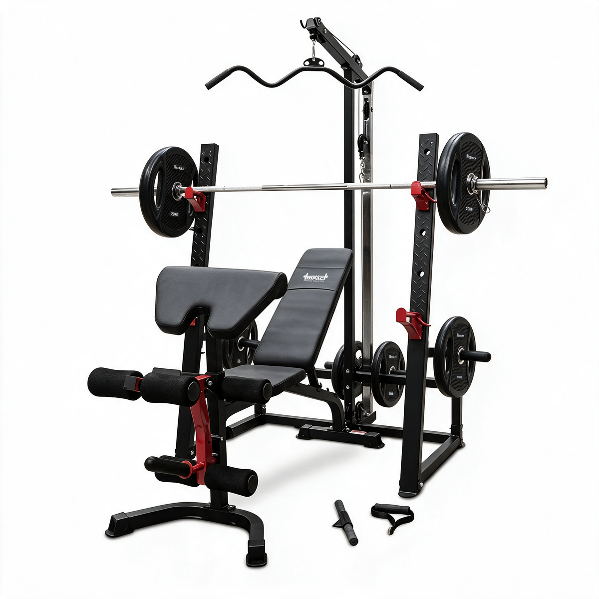 4 in 1 Squat Rack and Bench Press Package with 100kg PVC Olympic Plates, Lat Pulldown, 7ft Olympic Barbell