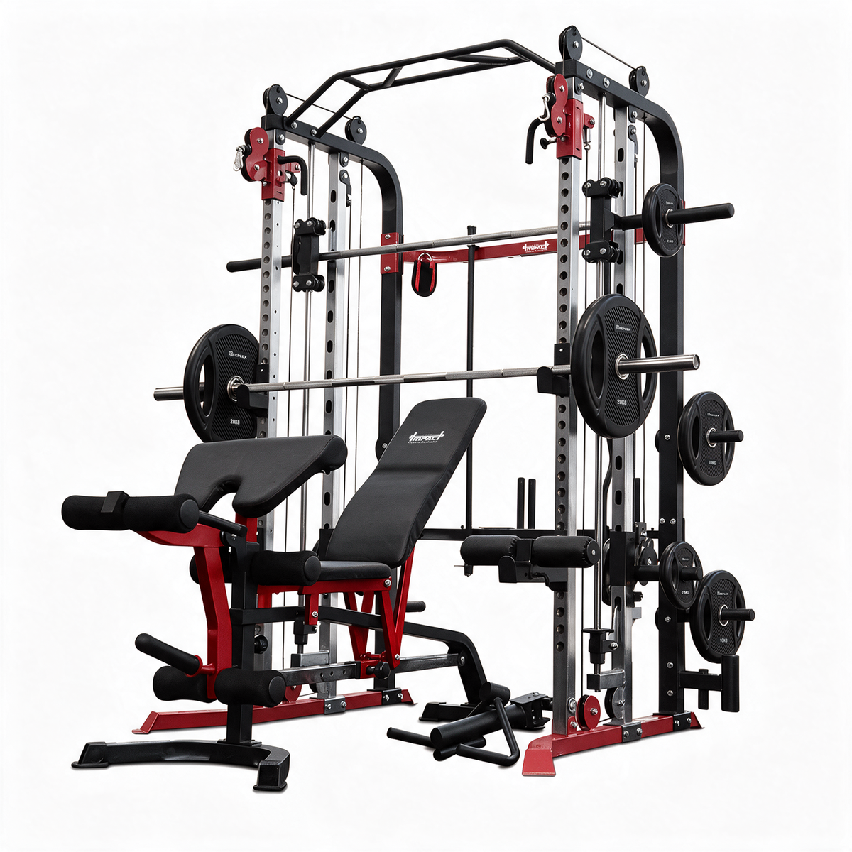 Impact Fitness MF5 Multi-Trainer + Adjustable Bench + Olympic PVC Weight Plates + Olympic Barbell