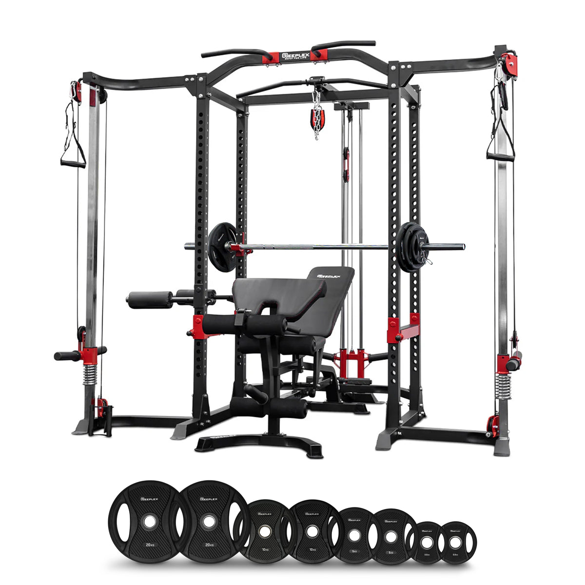 Reeplex Power Rack with Cable Crossover and Lat pulldown + Bench + 120kg PVC Olympic Weight Set