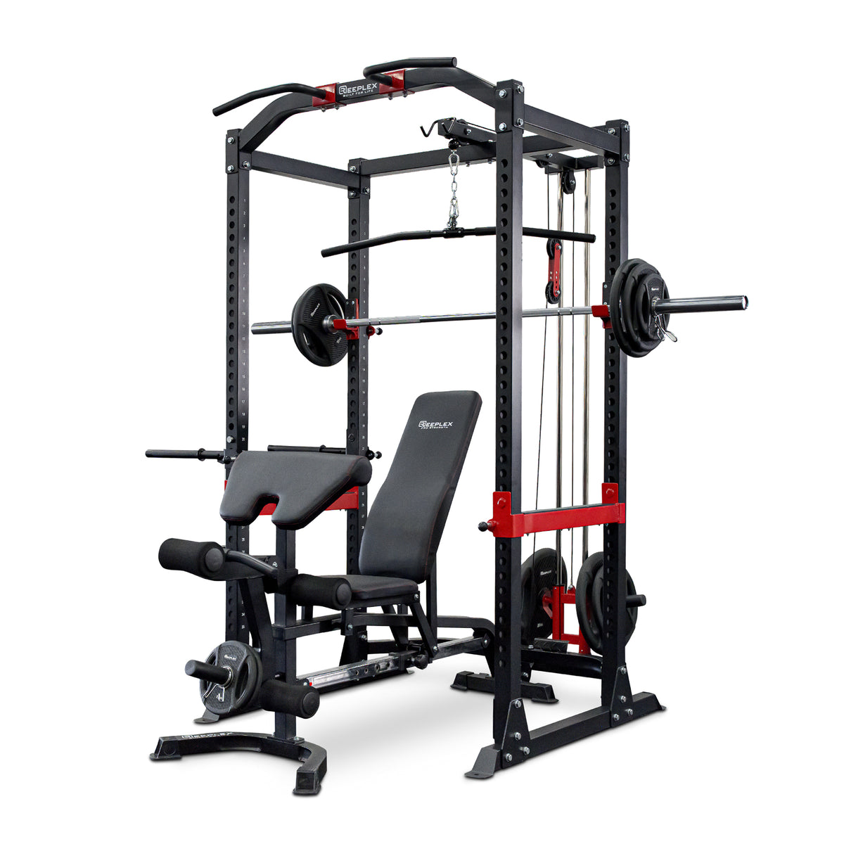 Reeplex Power Rack with Lat Pulldown + Adjustable Bench + 120kg PVC Olympic Barbell Weight Set