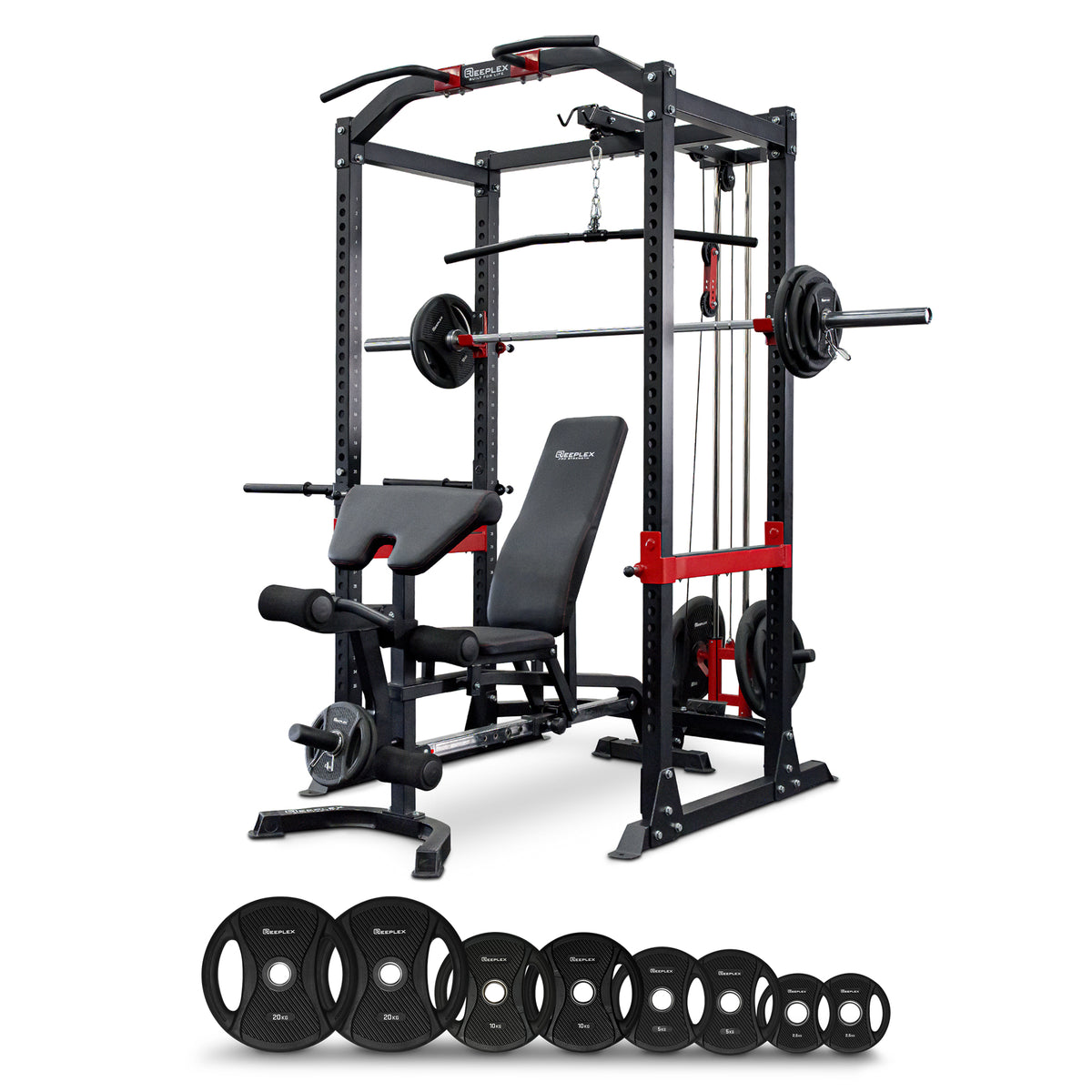 Reeplex Power Rack with Lat Pulldown + Adjustable Bench + 120kg PVC Olympic Barbell Weight Set
