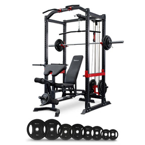Reeplex Power Rack with Lat Pulldown + Adjustable Bench + 120kg PVC Olympic Barbell Weight Set