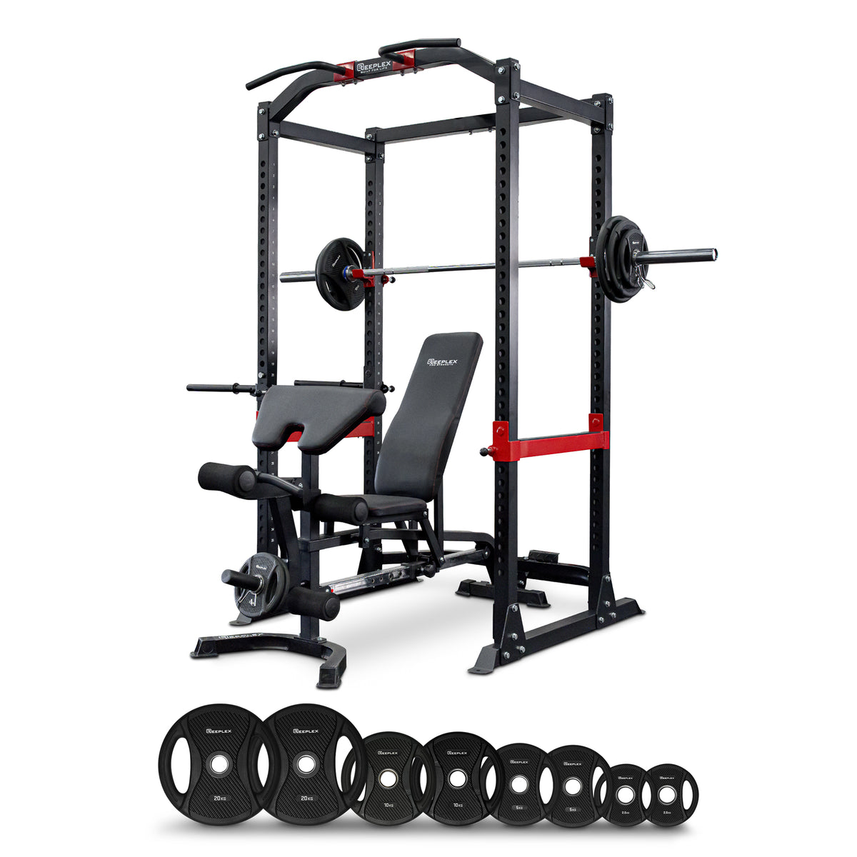 Reeplex Heavy Duty Power Rack + Bench + 120kg Barbell PVC Weight Plate Set
