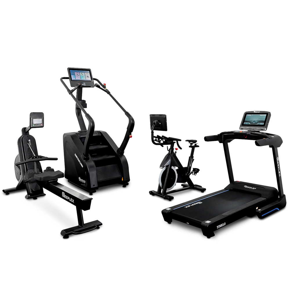 row machine, treadmill with incline, skipping rope, stair climber workout setup