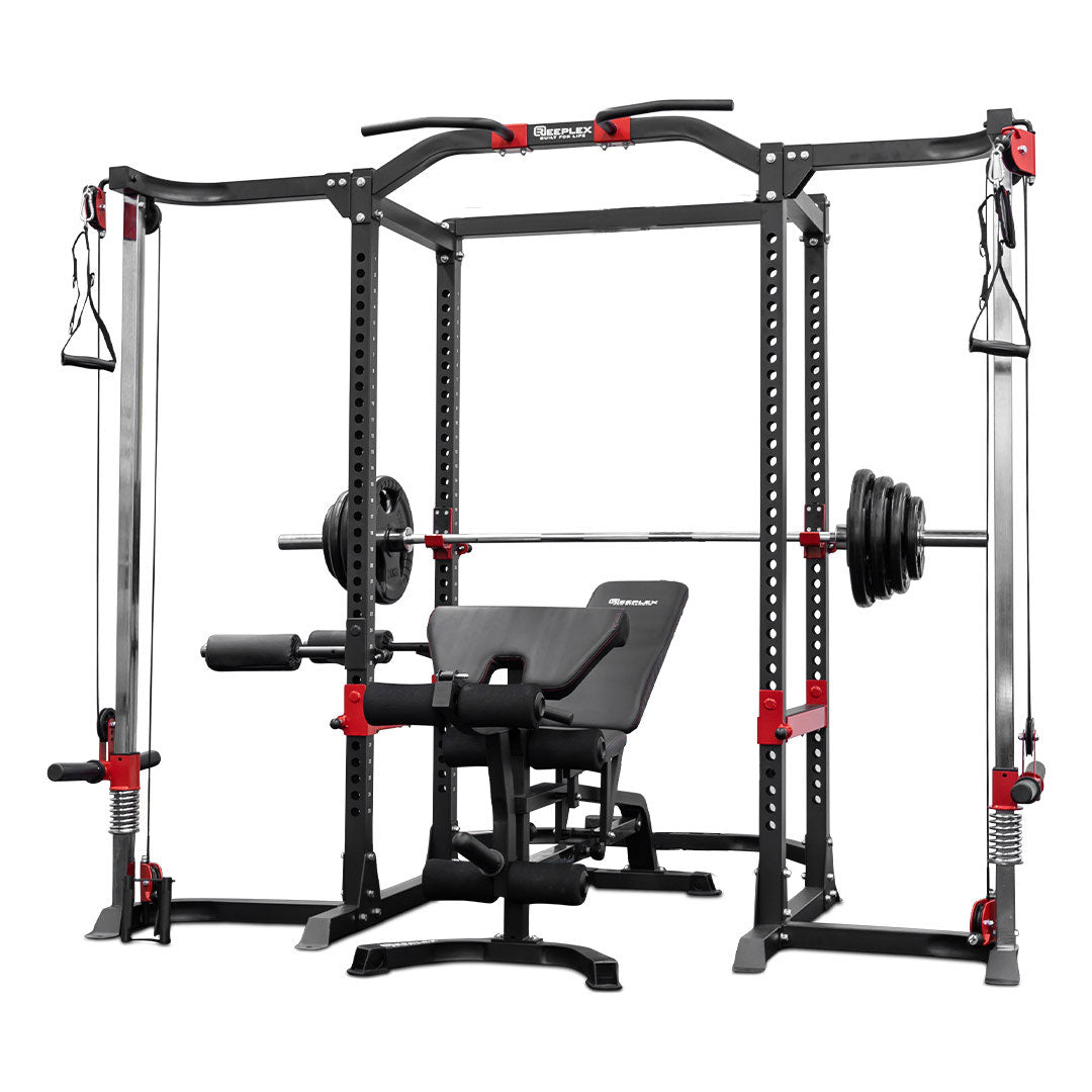 Reeplex Power Cage with Cable Crossover + Bench + 120kg Olympic Weight Set