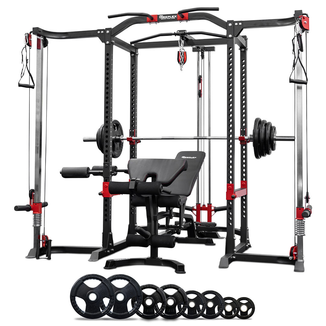 Power Rack Cable Crossover Lat Pulldown 120kg Oly Barbell Bench Set
